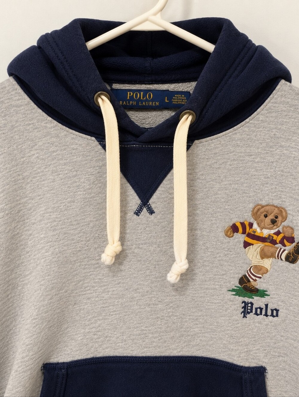 Ralph Lauren Two-Tone Bear Crewneck Sweater - Gray & Navy - Large